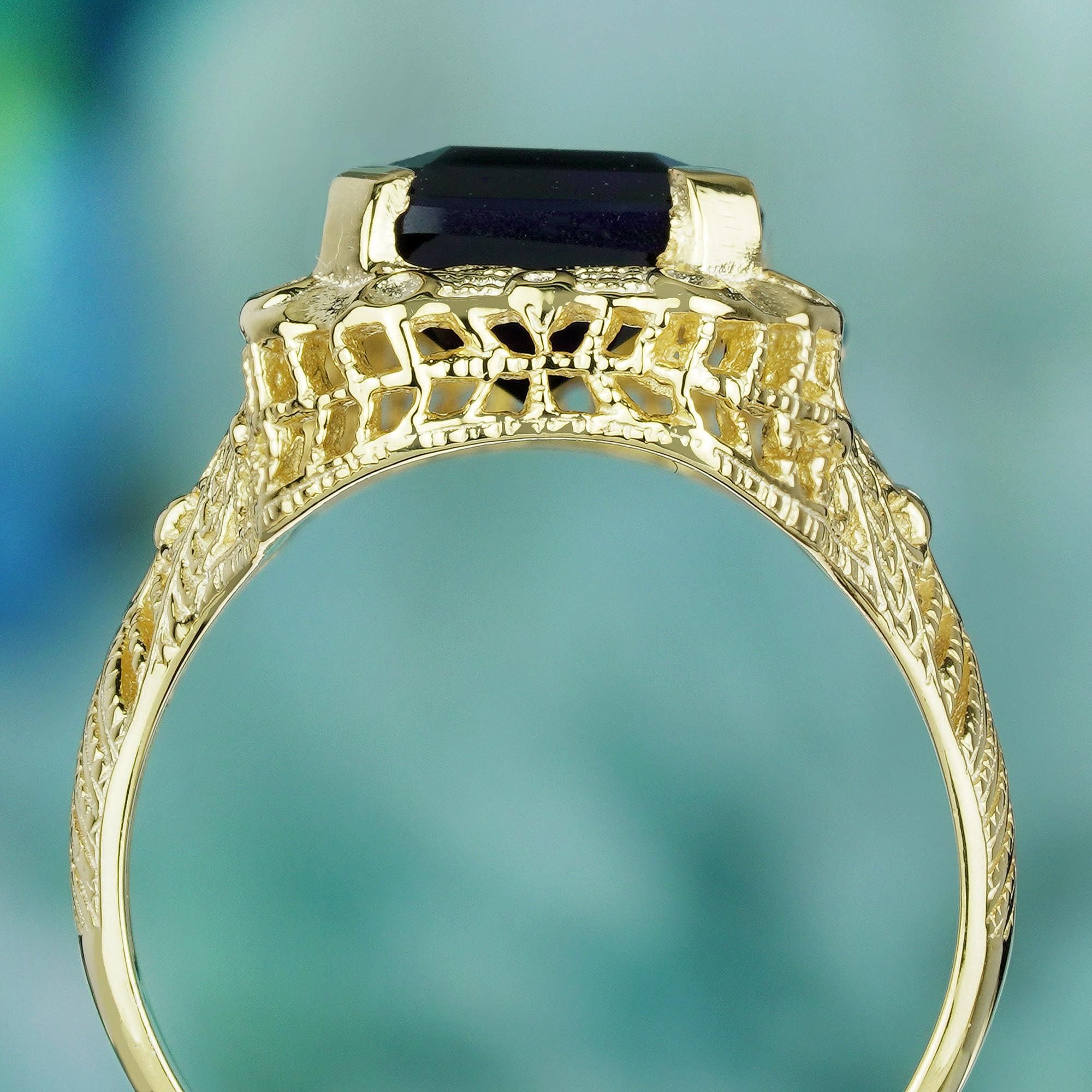 For Sale:  Natural 9 Ct. Emerald Cut Amethyst Vintage Style Filigree Ring in Solid 9K Yello 5