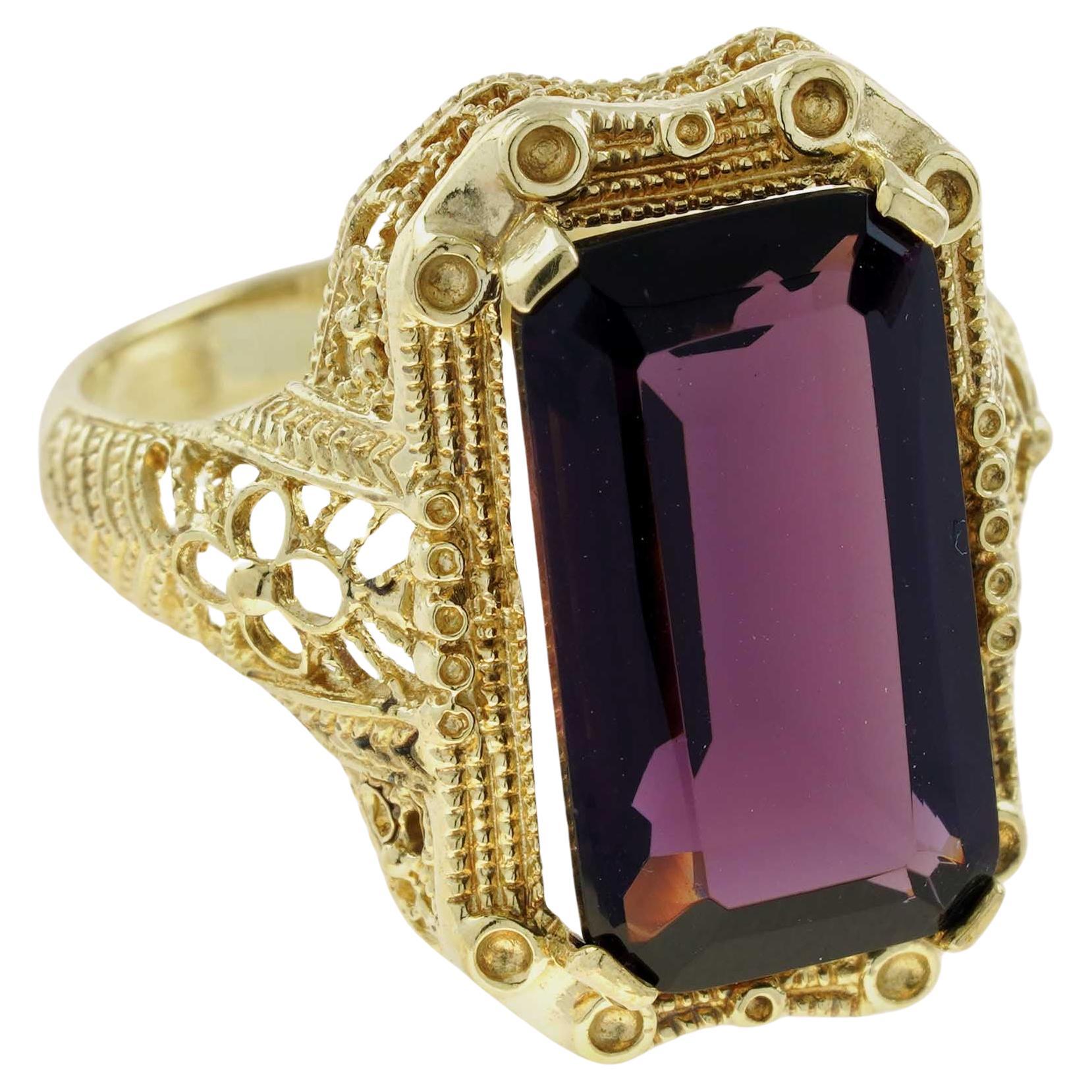 For Sale:  Natural 9 Ct. Emerald Cut Amethyst Vintage Style Filigree Ring in Solid 9K Yello