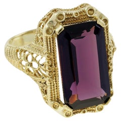 Natural 9 Ct. Emerald Cut Amethyst Vintage Style Filigree Ring in Solid 9K Yello
