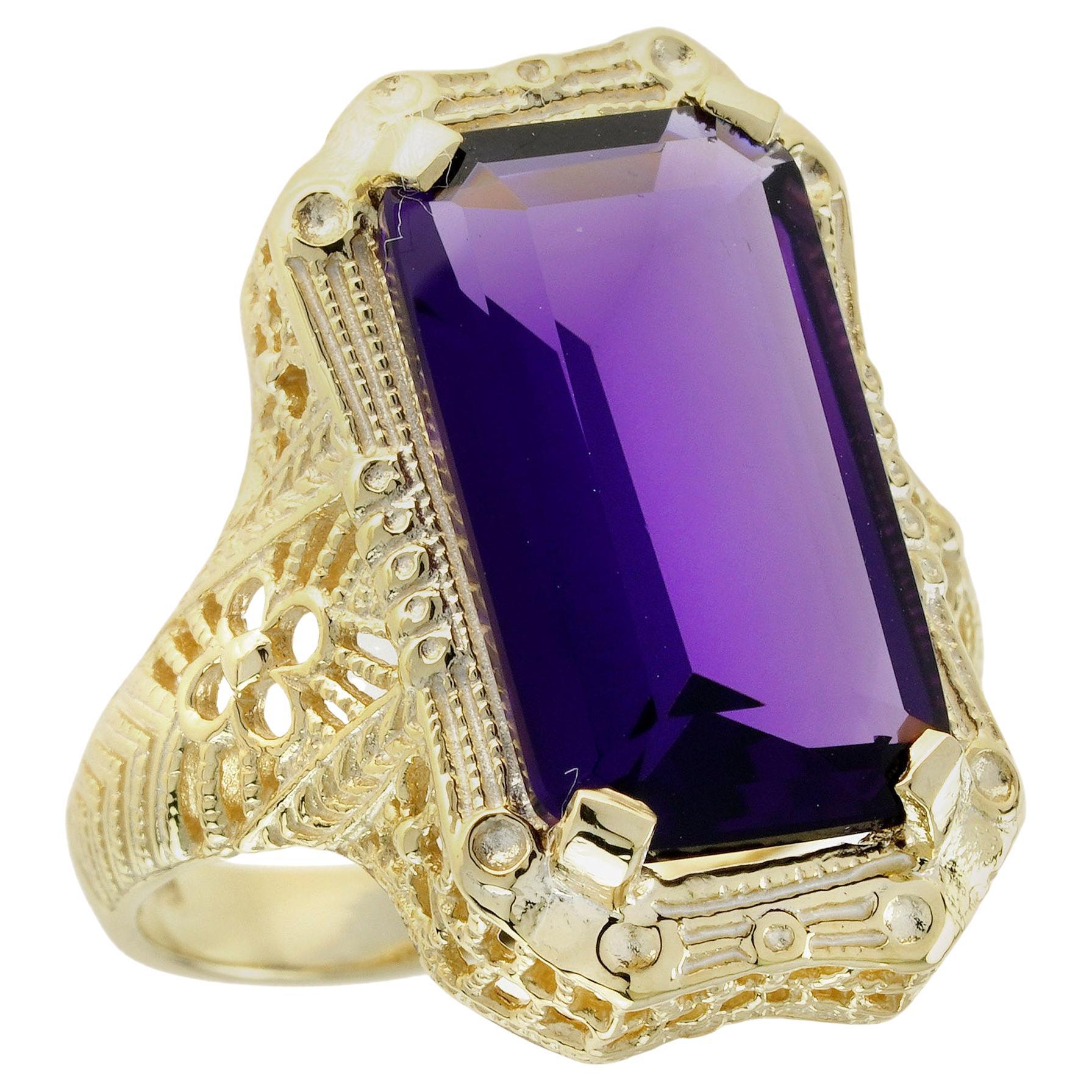 Natural 9 Ct. Emerald Cut Amethyst Vintage Style Filigree Ring in Solid 9K Yello