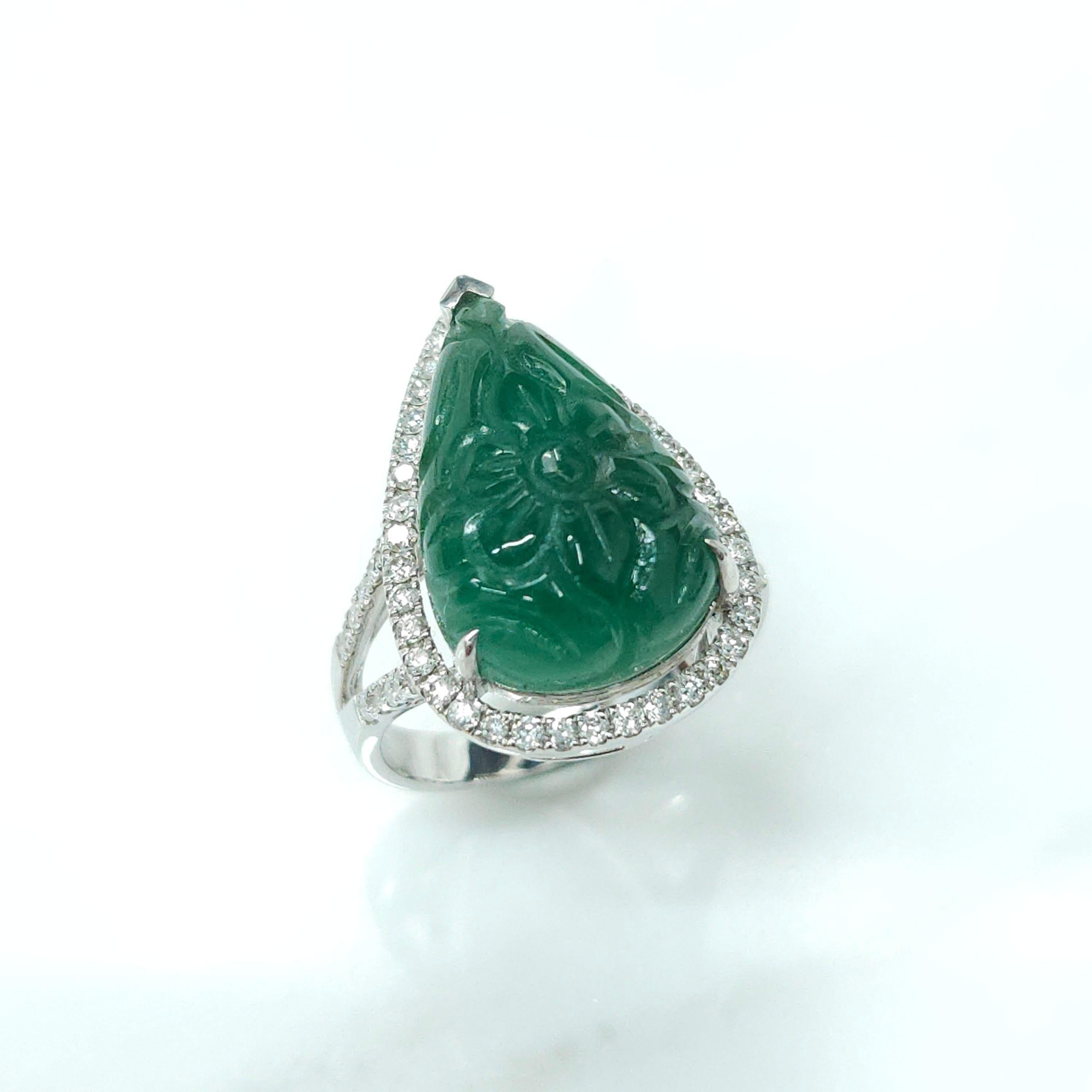 Emerald Cut Natural 9.06 Carat Art Craved Emerald & 0.45 Carat Diamond Ring  For Sale