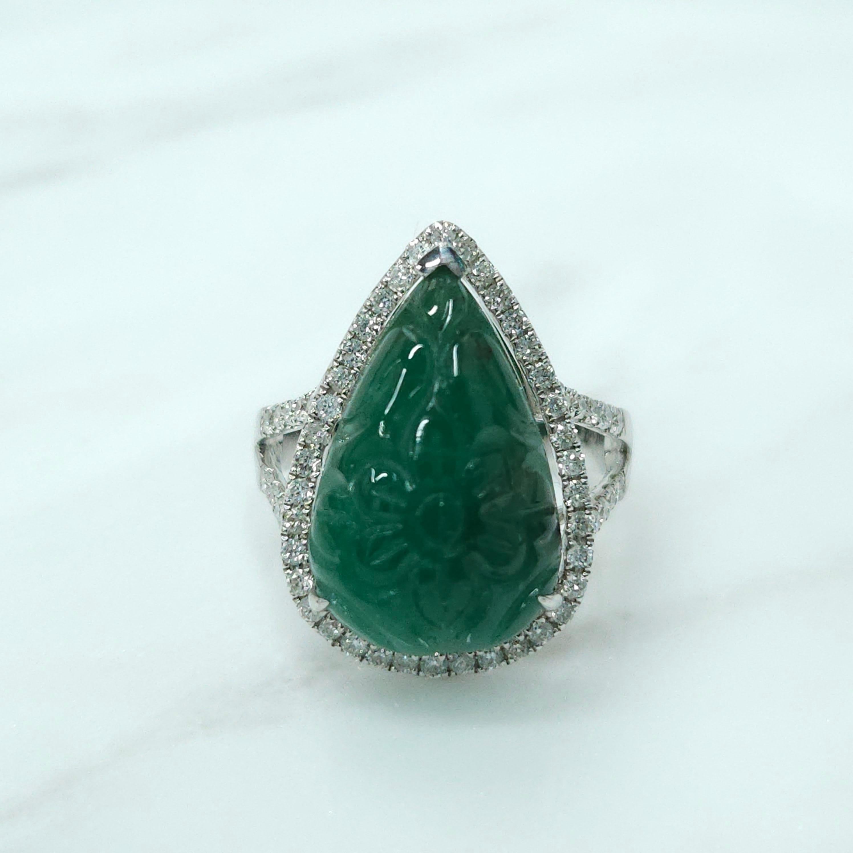 Natural 9.06 Carat Art Craved Emerald & 0.45 Carat Diamond Ring  For Sale 3