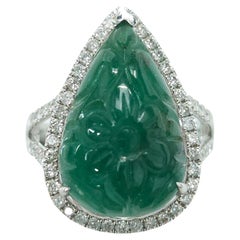 Natural 9.06 Carat Art Craved Emerald & 0.45 Carat Diamond Ring 