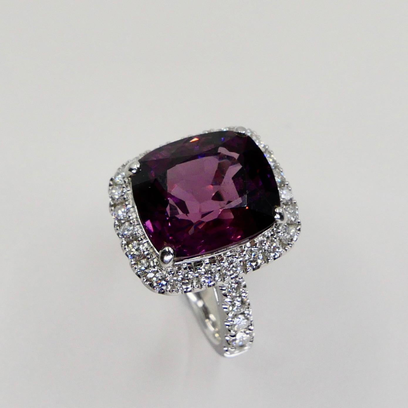 Cushion Cut Certified Natural 9.18 Carat Vivid Purple No Heat Spinel & Diamond Cocktail Ring For Sale