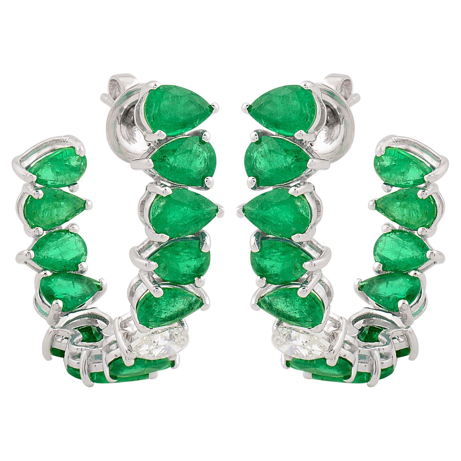 Natural 9.24 Carat Pear Emerald Hoop Earrings 0.80 Carat Diamond 18k White Gold