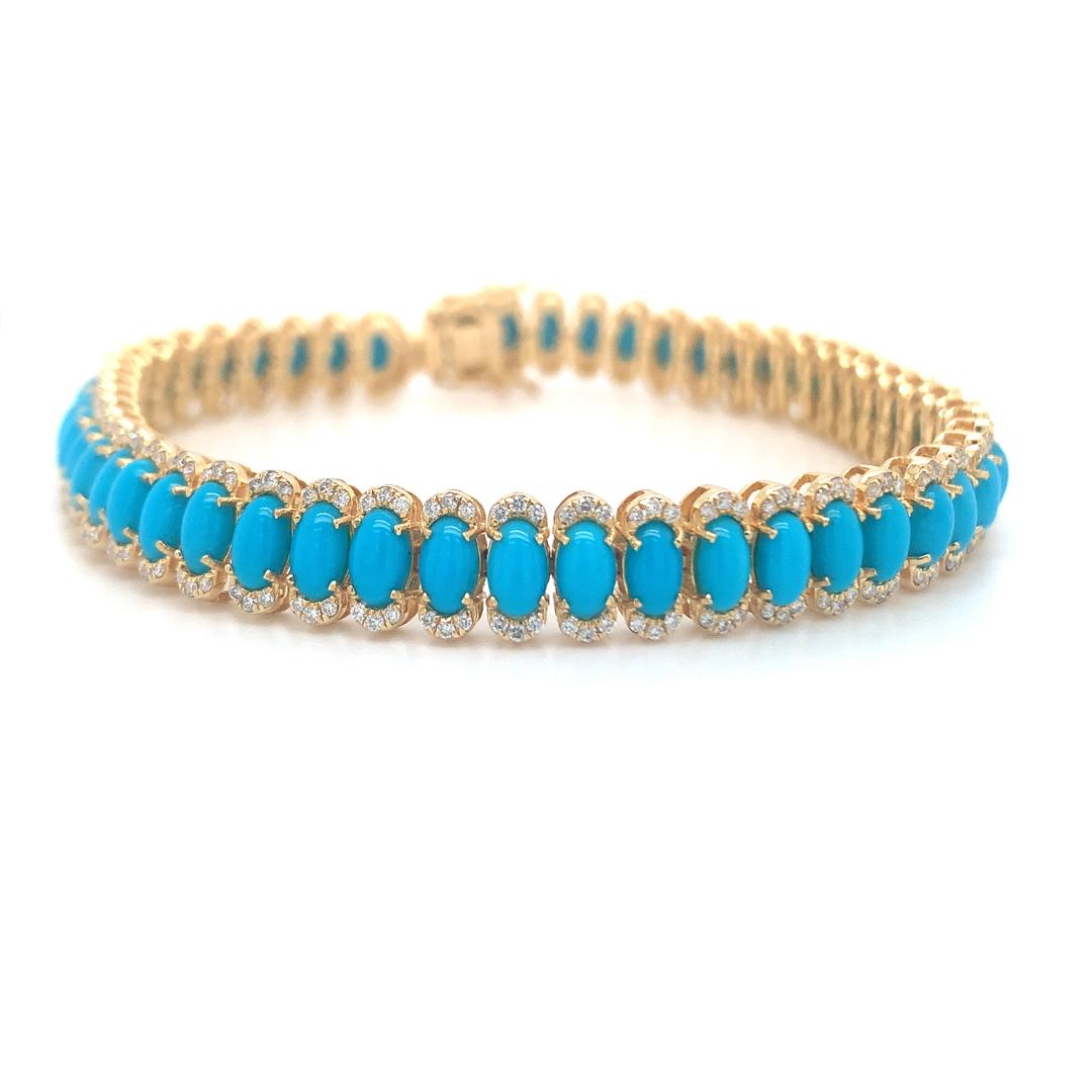 9.25 Carat sleeping beauty Turquoise and 1.22 Carat Diamond bracelet set in 18 Kt Yellow gold. 

Gross Weight: 20.8 grams
Stone Pcs: 52
