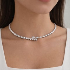 Natural 9.25 Ct Diamond Open Choker Collar Necklace 14 Karat White Gold