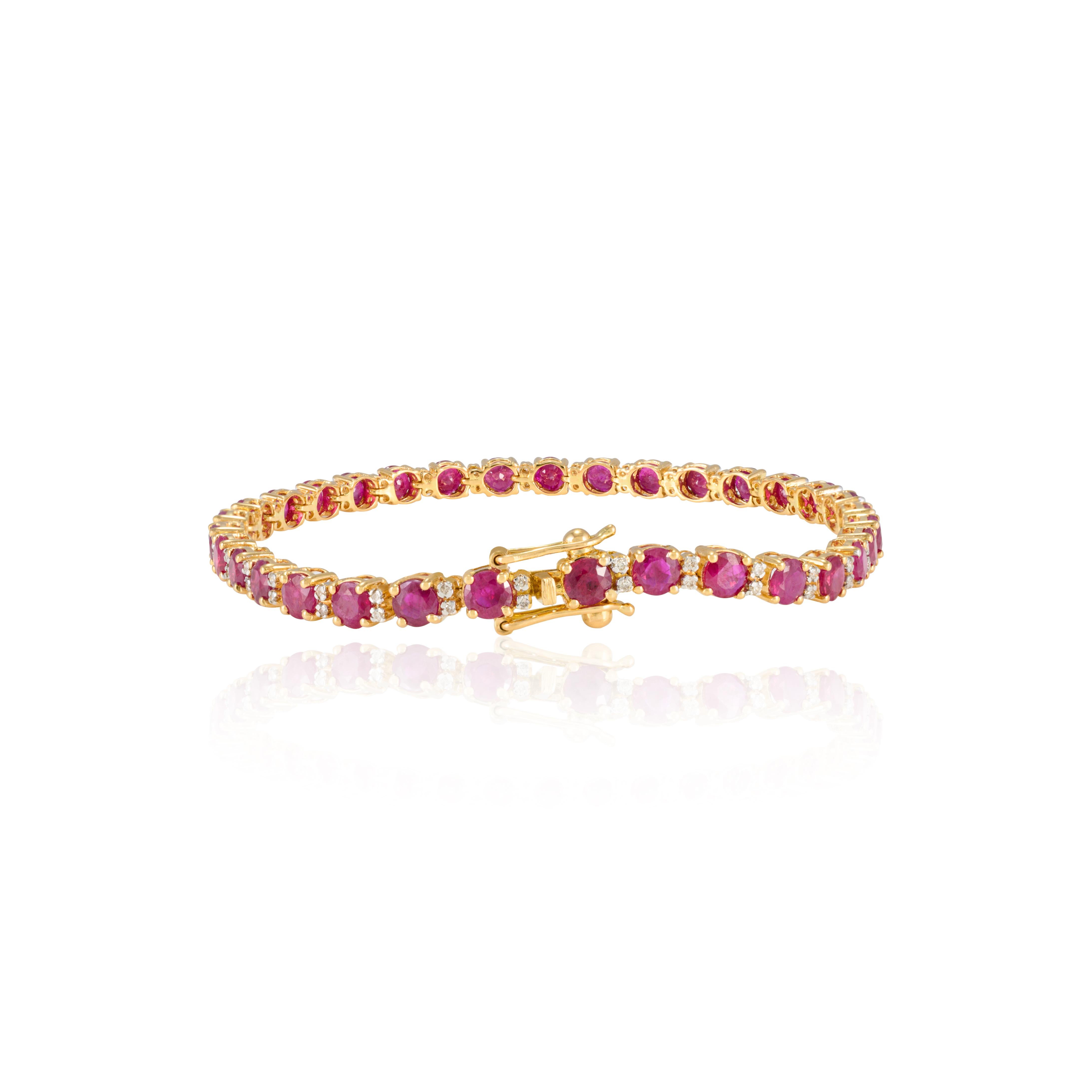 This Natural Ruby and Diamond Tennis Bracelet in 18K gold showcases 9.27 carats endlessly sparkling natural ruby and 0.34 carats of diamonds. It measures 7 inches long in length. 
Ruby improves mental strength. 
Designed with perfect round cut ruby