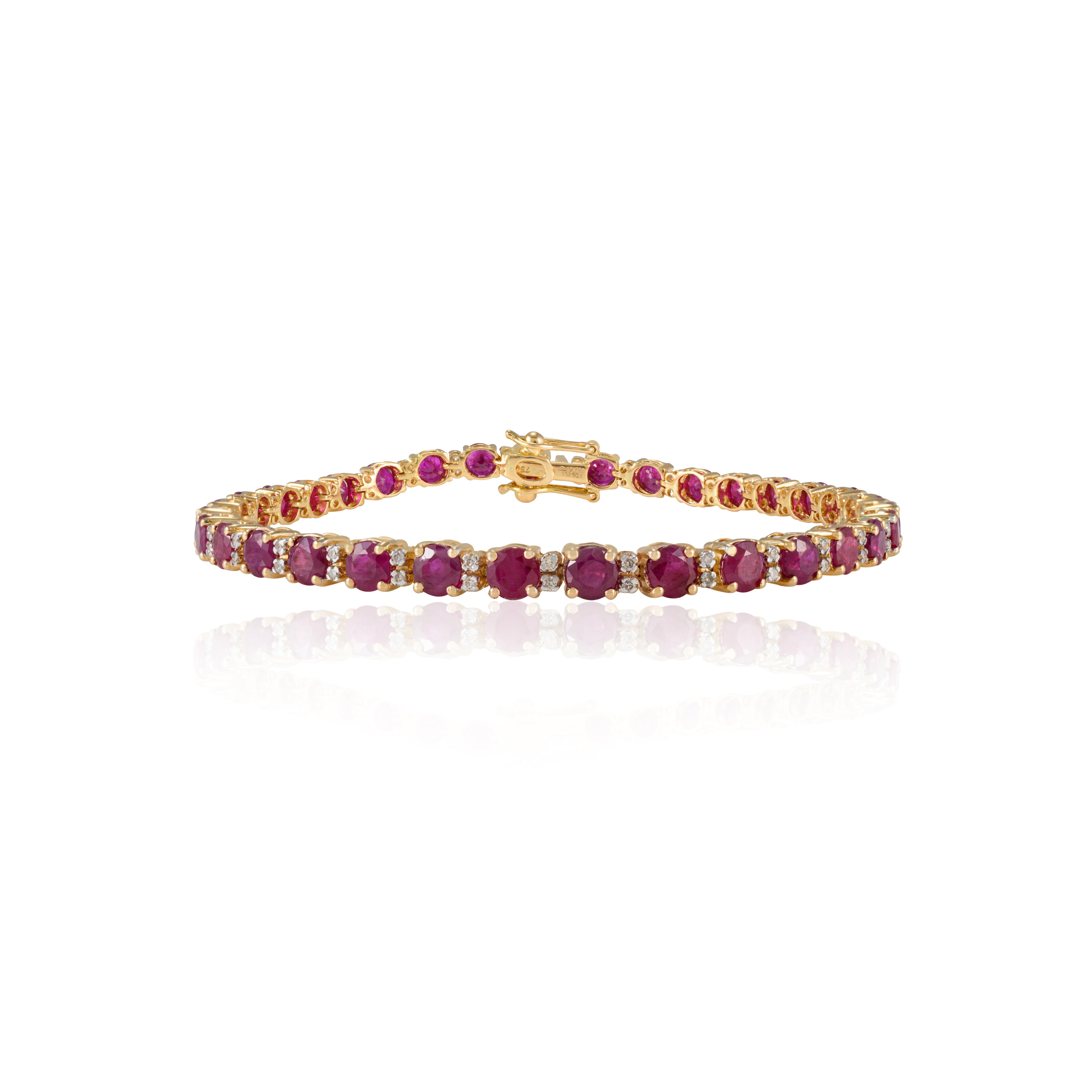 Round Cut Natural Ruby Birthstone and Diamond Tennis Bracelet 18k Yellow Gold Jewelry For Sale