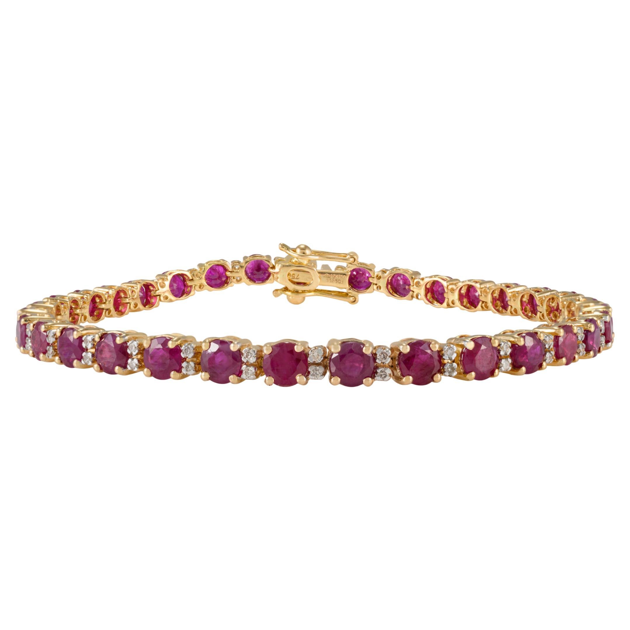 Natural Ruby Birthstone and Diamond Tennis Bracelet 18k Yellow Gold Jewelry For Sale