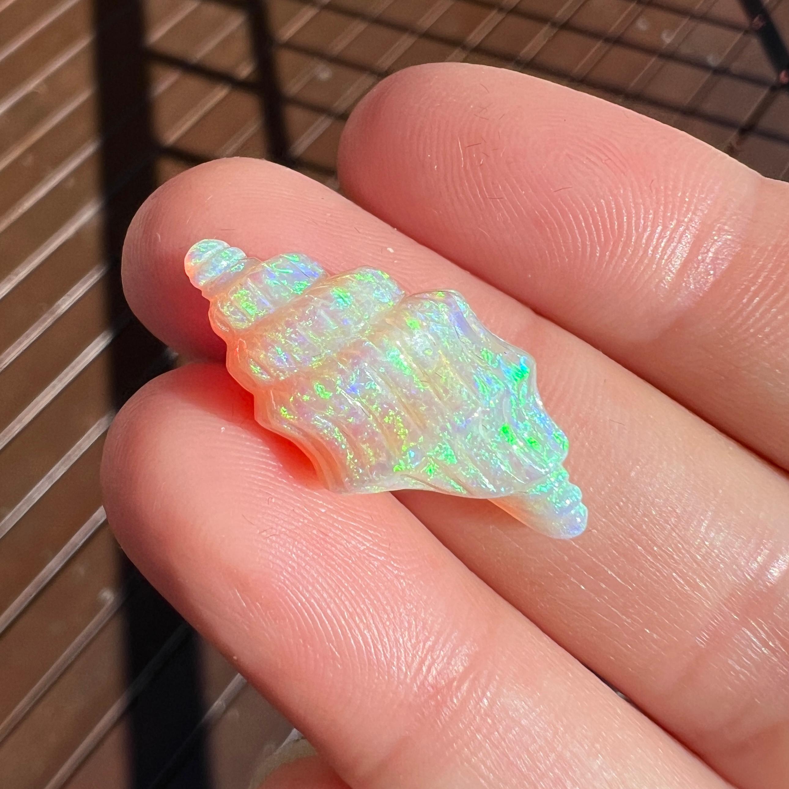 This beautiful 9.47 Ct Australian gem crystal opal, carved into a conch shell, is a truly exceptional addition to any collection, mined by Sue Cooper herself. Its rarity, coupled with the amazing shell carving, captivates connoisseurs with its