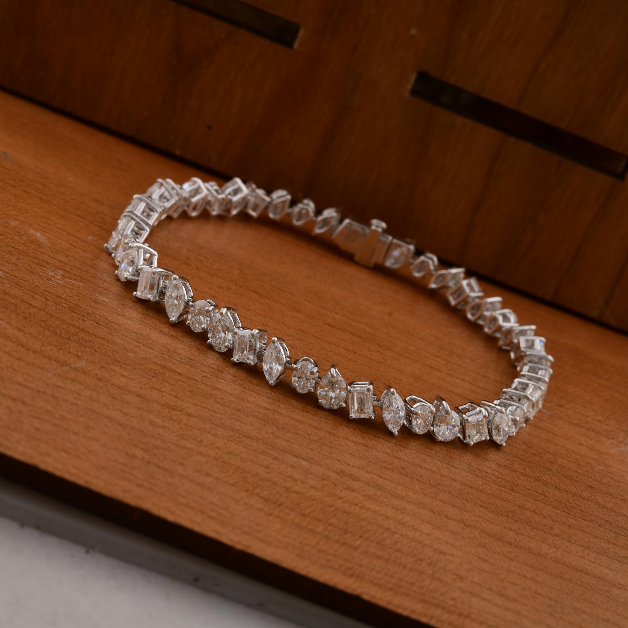 Pulsera de tenis de diamantes multiforma SI/H naturales de 9,51 quilates y 14 quilates de oro blanco Art Decó en venta