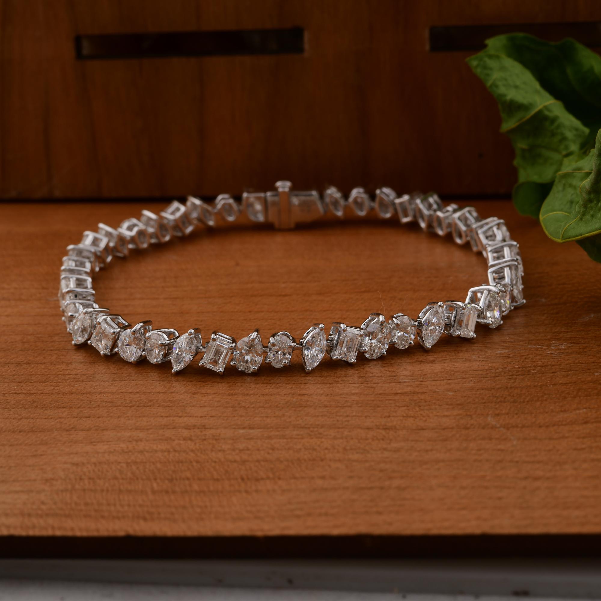 Pulsera de tenis de diamantes multiforma SI/H naturales de 9,51 quilates y 14 quilates de oro blanco en venta 1