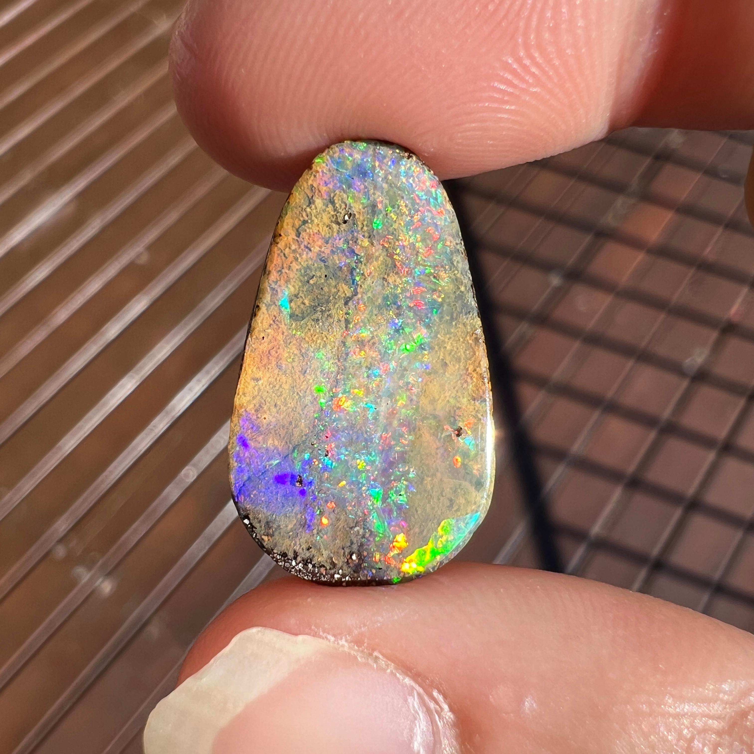 This beautiful 7.66 Ct Australian boulder opal was mined by Sue Cooper at her Mt. Margaret opal mine in western Queensland, Australia in 2024. Sue processed the rough opal herself and cut into into a free-form shape. We love turquoise, sea green and