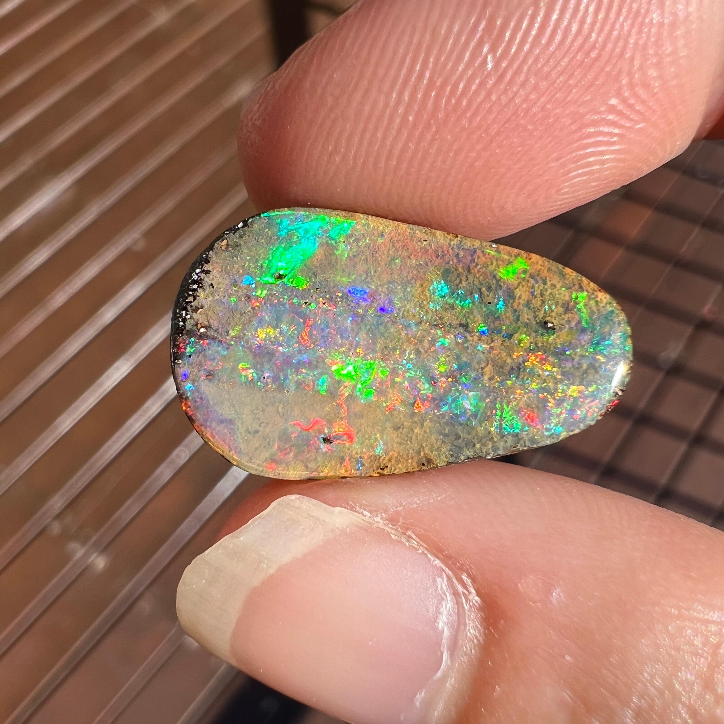 Cabochon Natural 9.59 Ct rainbow Australian boulder opal mined by Sue Cooper For Sale