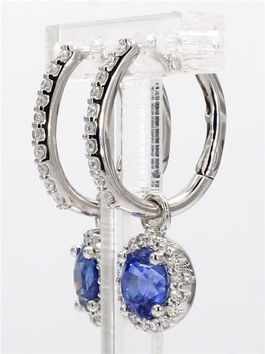 Contemporary Natural Blue Round Sapphire and White Diamond 2.28 Carat TW Gold Drop Earrings For Sale