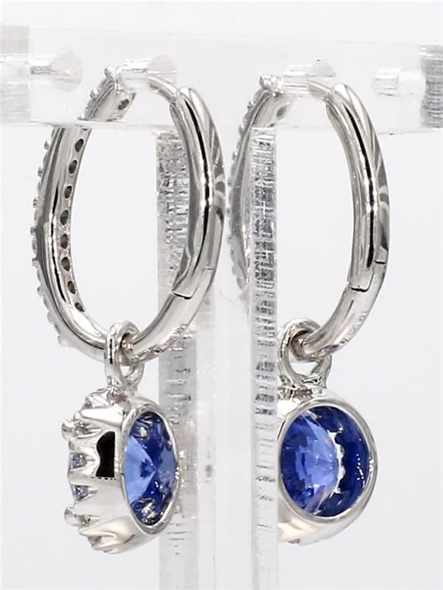 Round Cut Natural Blue Round Sapphire and White Diamond 2.28 Carat TW Gold Drop Earrings For Sale