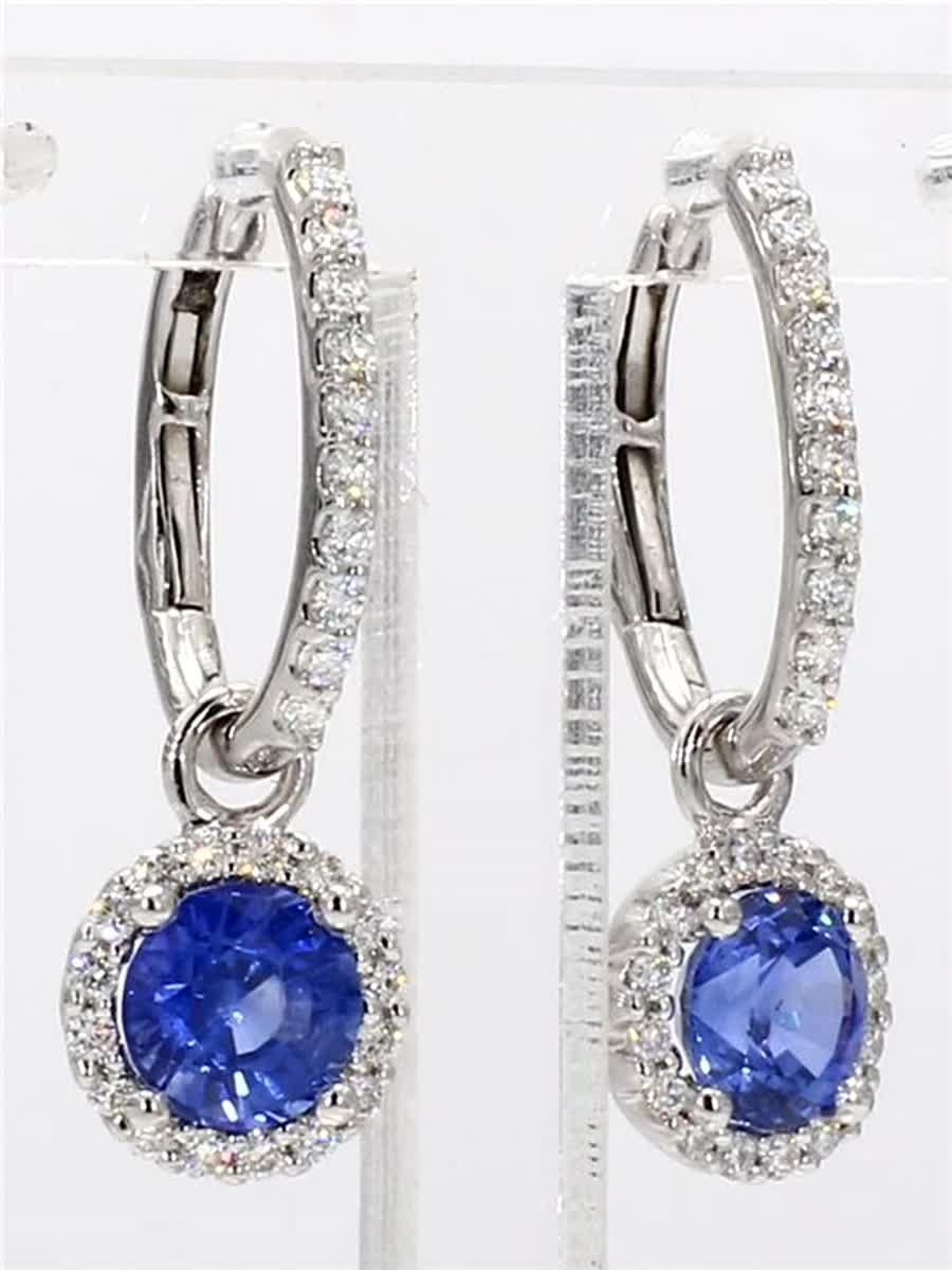 Natural Blue Round Sapphire and White Diamond 2.28 Carat TW Gold Drop Earrings For Sale 1
