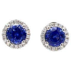 Natural Blue Round Sapphire and White Diamond 2.12 Carat TW Gold Stud Earrings