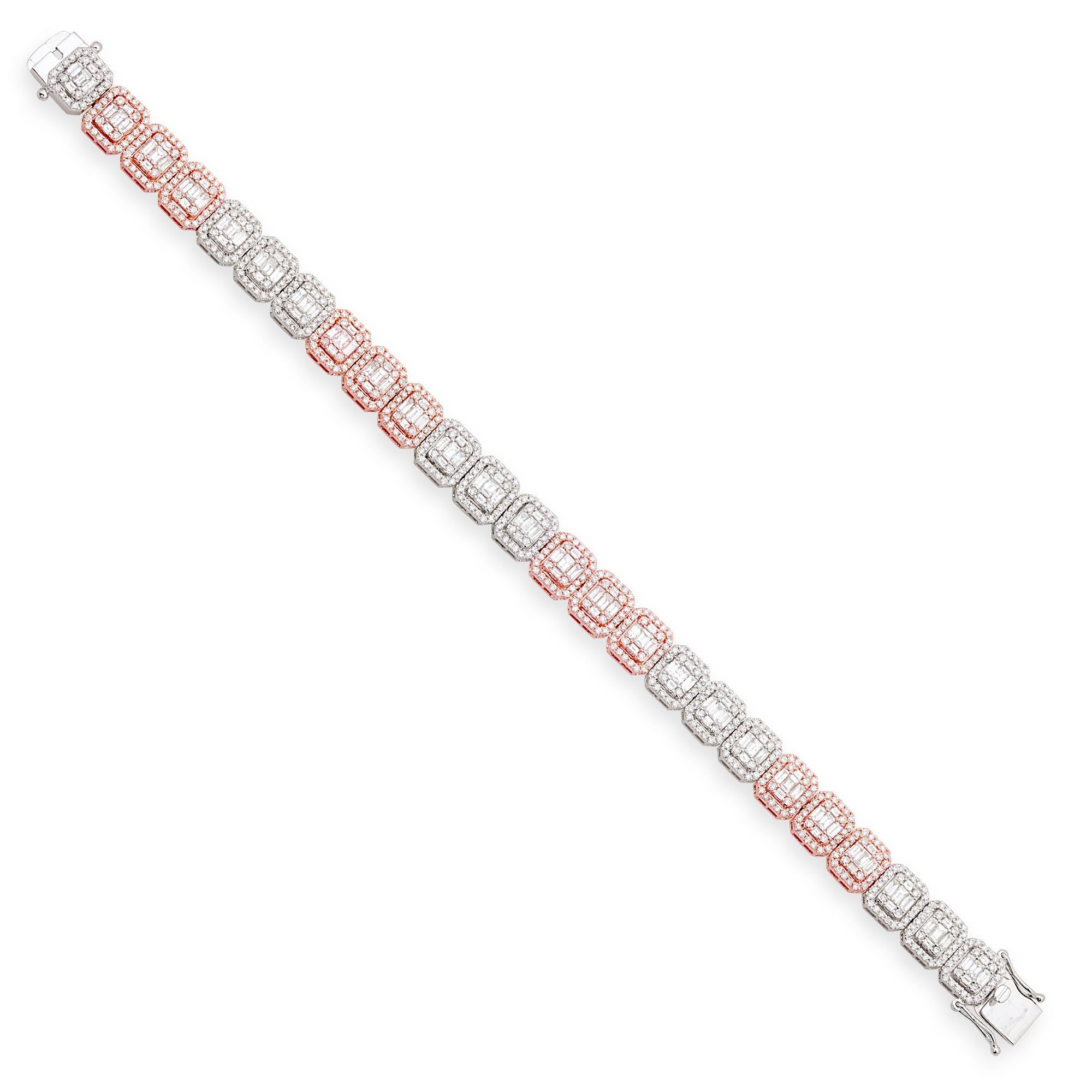 Modern Natural 9.80 Carat Baguette Diamond Bracelet Solid 18k Two Tone Gold Jewelry For Sale