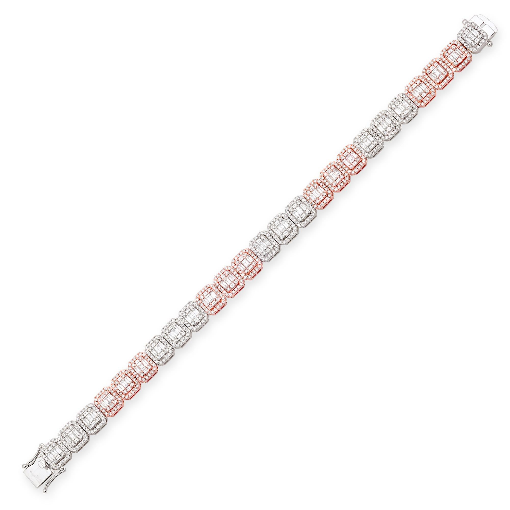 Baguette Cut Natural 9.80 Carat Baguette Diamond Bracelet Solid 18k Two Tone Gold Jewelry For Sale