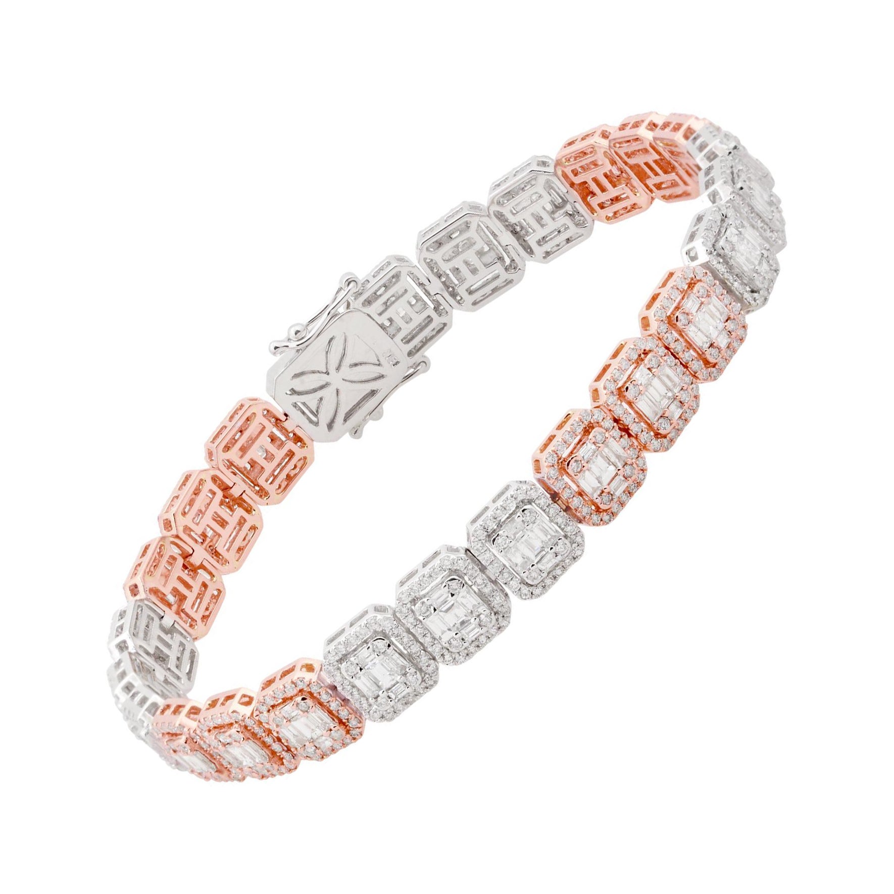 Bracelet en or bicolore 18 carats avec diamants baguettes naturels de 9,80 carats en vente
