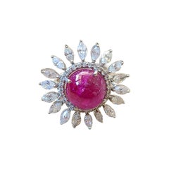 Natural 9.98 Carat Burma Ruby Cabochon and Diamond Ring Set in 18 Karat Gold