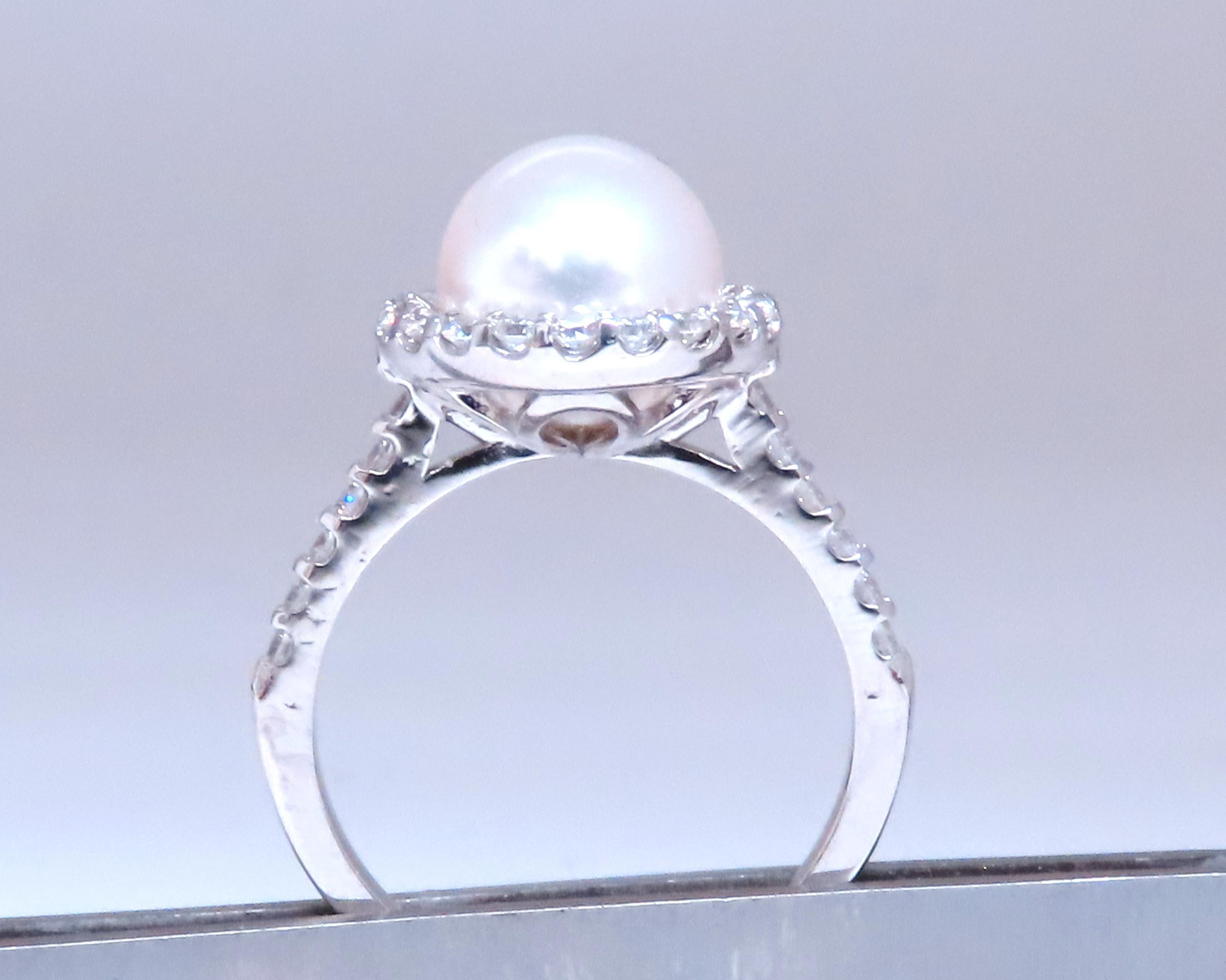 Round Cut Natural 9mm South Sea Pearl Diamonds Ring .76ct 14kt Gold Ref 12293 For Sale