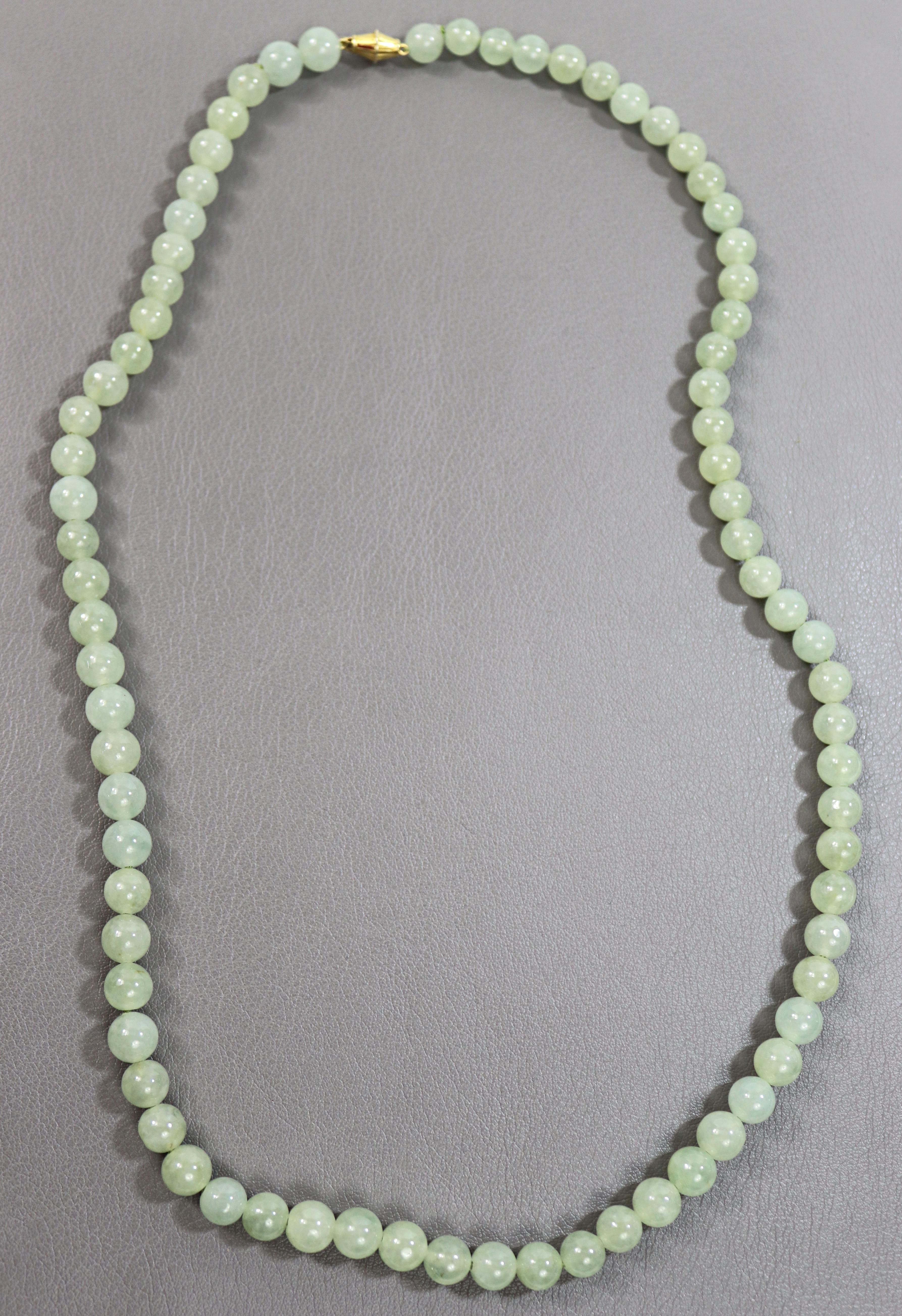 Artisan Natural “A” Jadeite Jade Celadon Bead Mason Kay Report Certified, Yellow Gold Ne For Sale