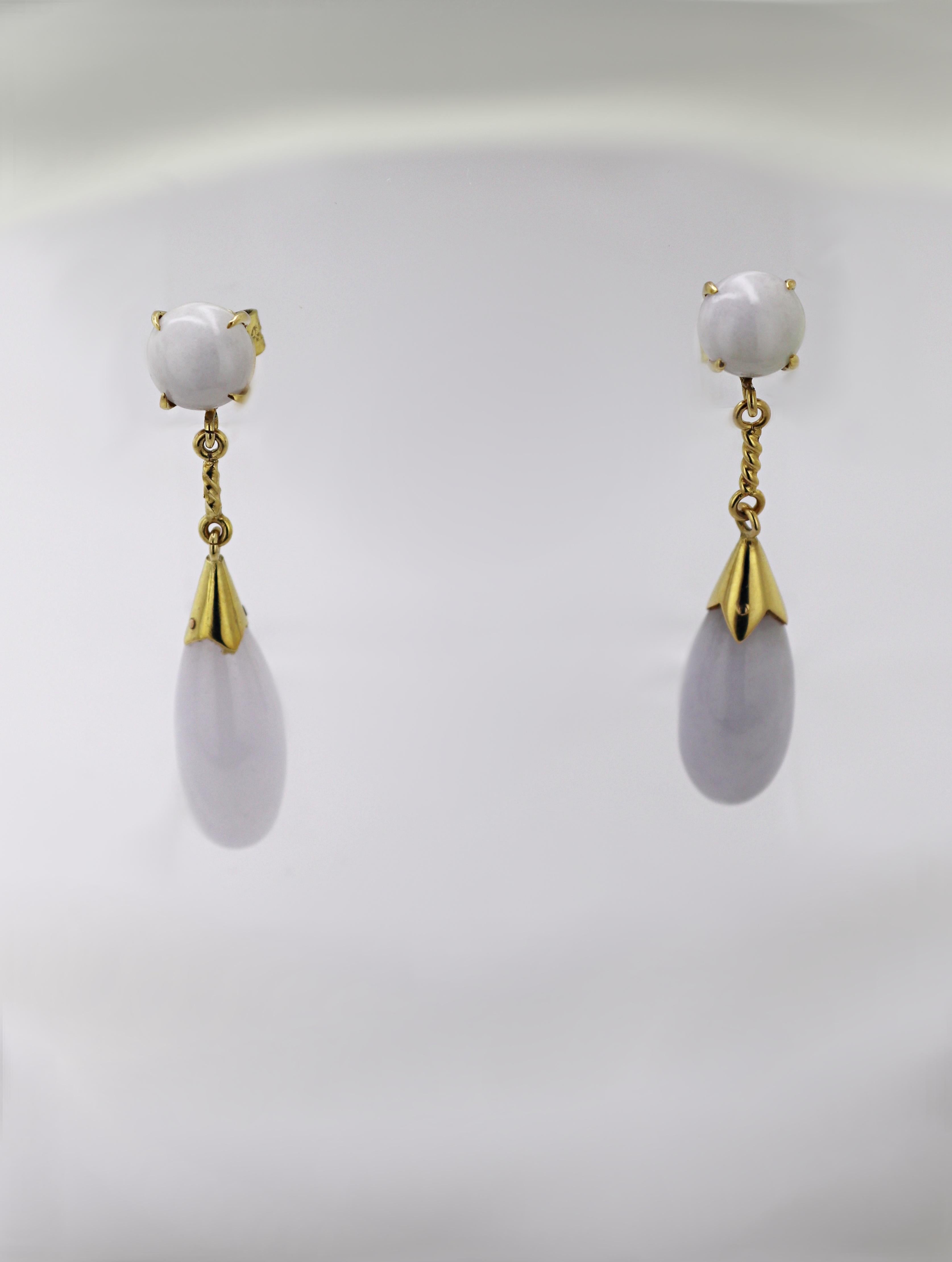 Cabochon Natural “A” Jadeite Jade Mason Kay Report Certified, Yellow Gold Drop Earrings For Sale