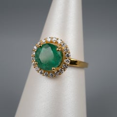 Natural AA Emerald and Diamond Round Halo Ring 14 Karat Yellow Gold Ring