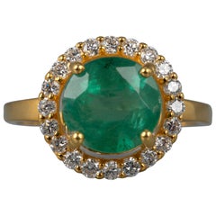 Natural AA Emerald and Diamond Round Halo Ring 14 Karat Yellow Gold Ring