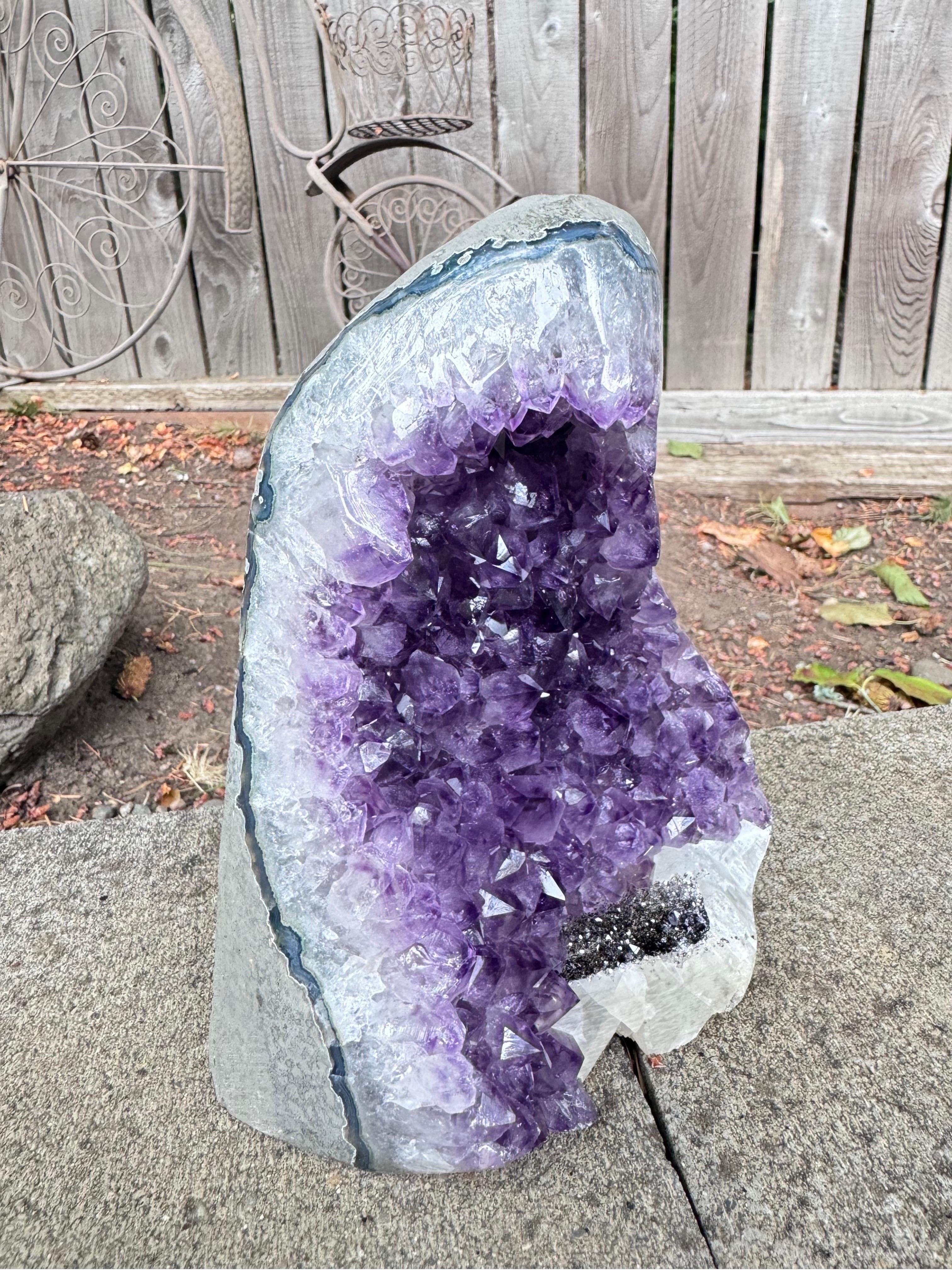 Uncut Natural AAA Amethyst Geode from Uruguay Large Clusters with Druzy and Selenite For Sale