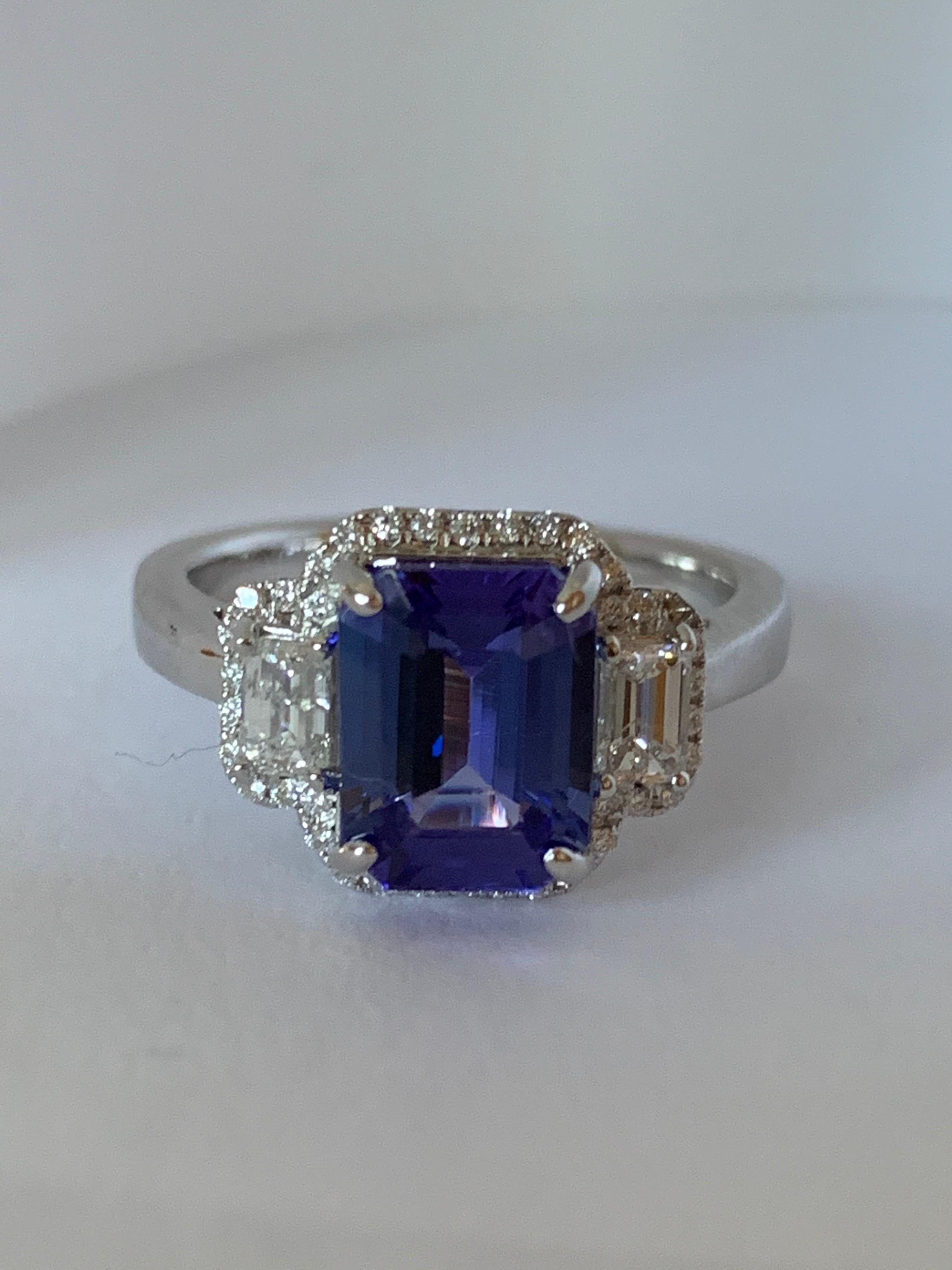 Emerald Cut Natural AAA Quality Tanzanite and Diamond Ring For Sale
