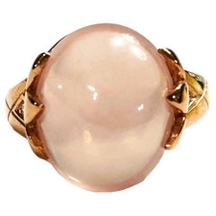 Natural AAA Rose Quartz Oval Cabochon & White Cz Rose Gold Sterling Ring
