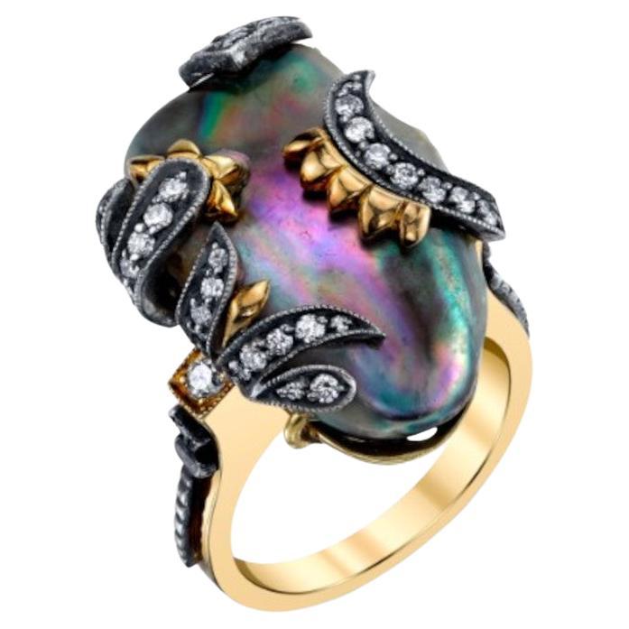Natural Abalone Pearl and Diamond Yellow and White Gold Cocktail Ring, 16.60 Cts For Sale