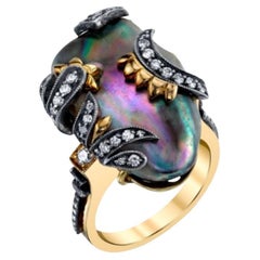 Natural Abalone Pearl and Diamond Yellow and White Gold Cocktail Ring, 16.60 Cts