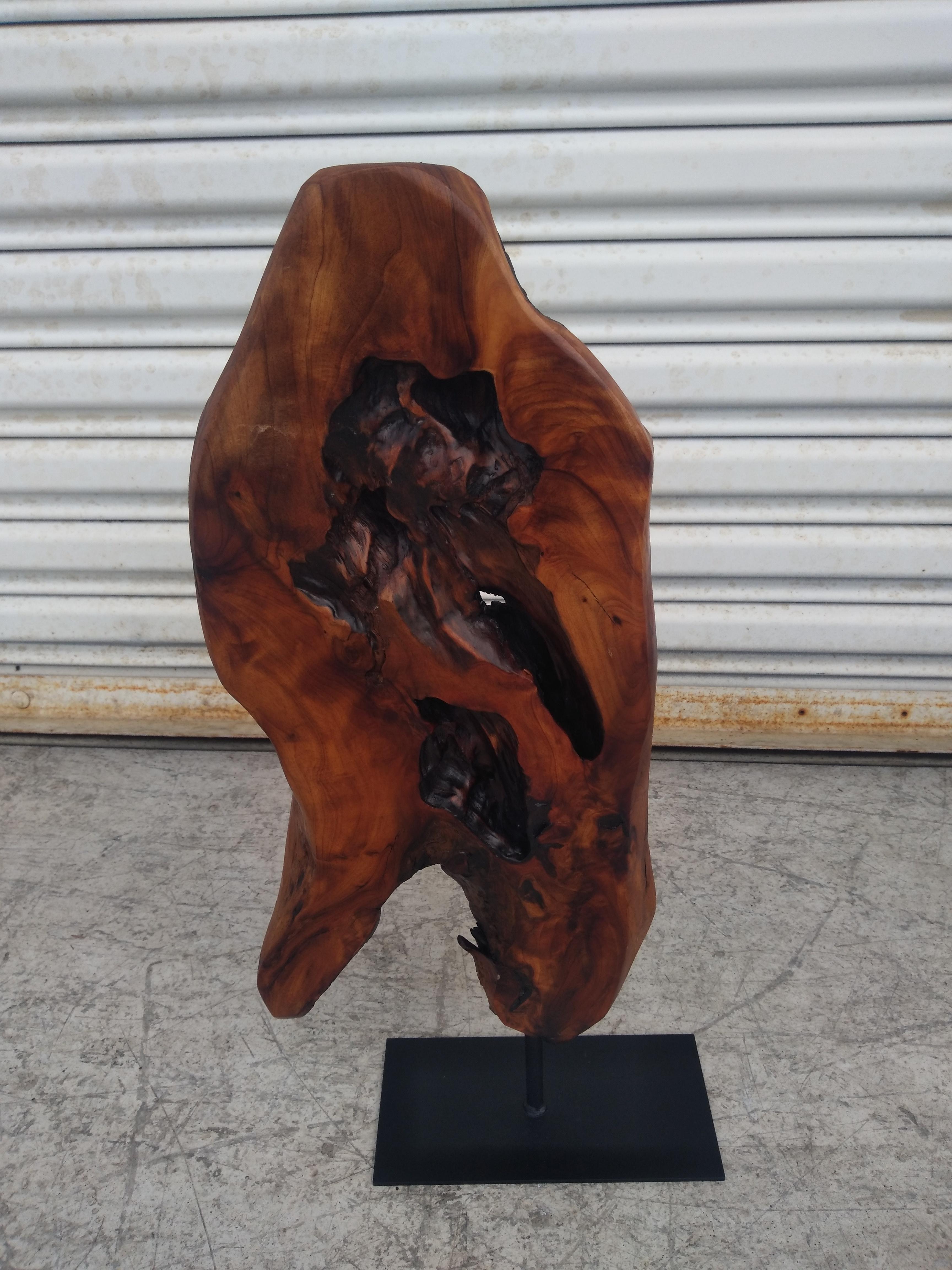 Si tratta di un pezzo naturale di radice di radica creato in una scultura. Si trova su un supporto in metallo di ottima fattura.