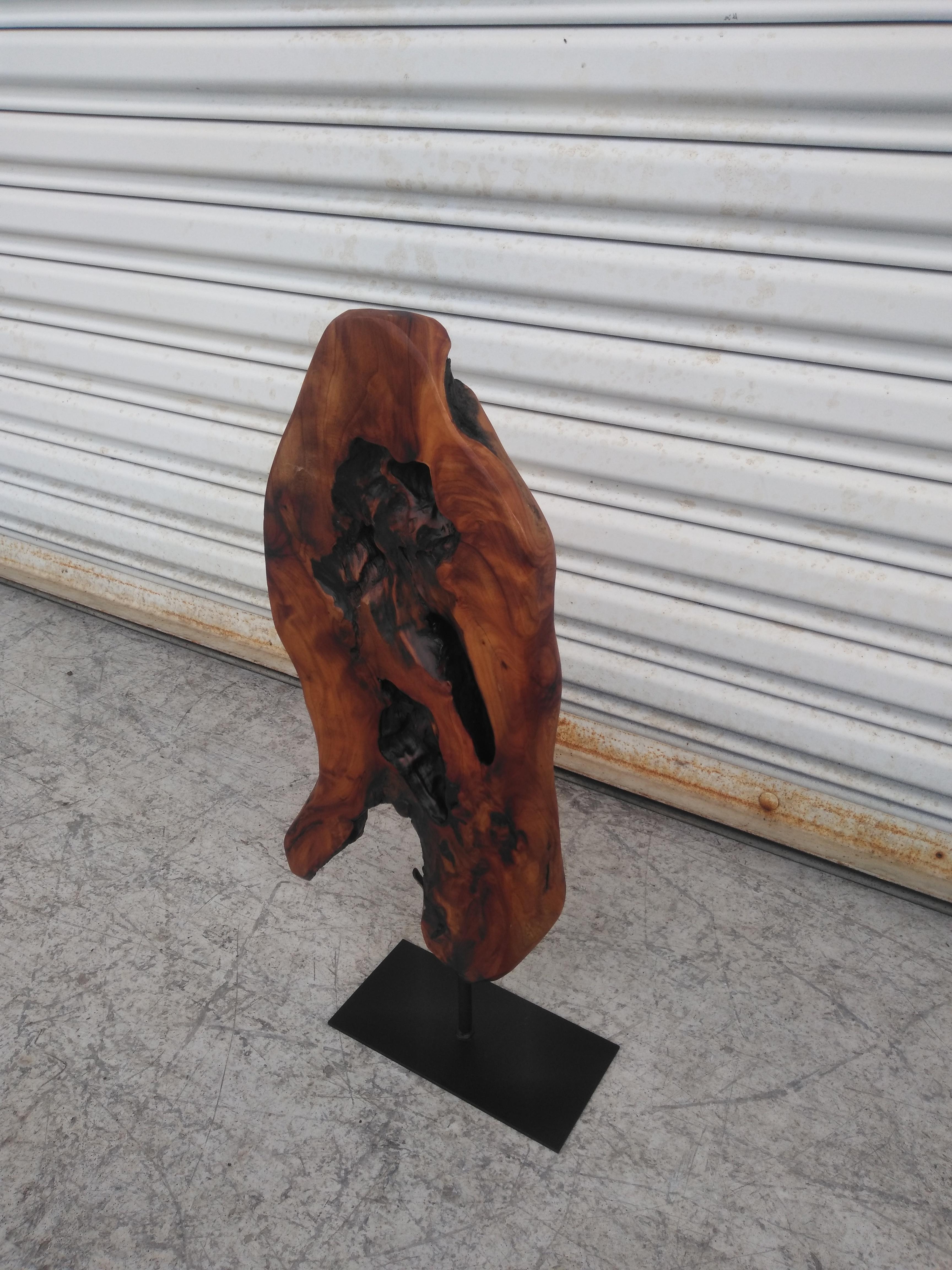 Metallo Scultura astratta naturale in legno di radica su supporto in metallo in vendita