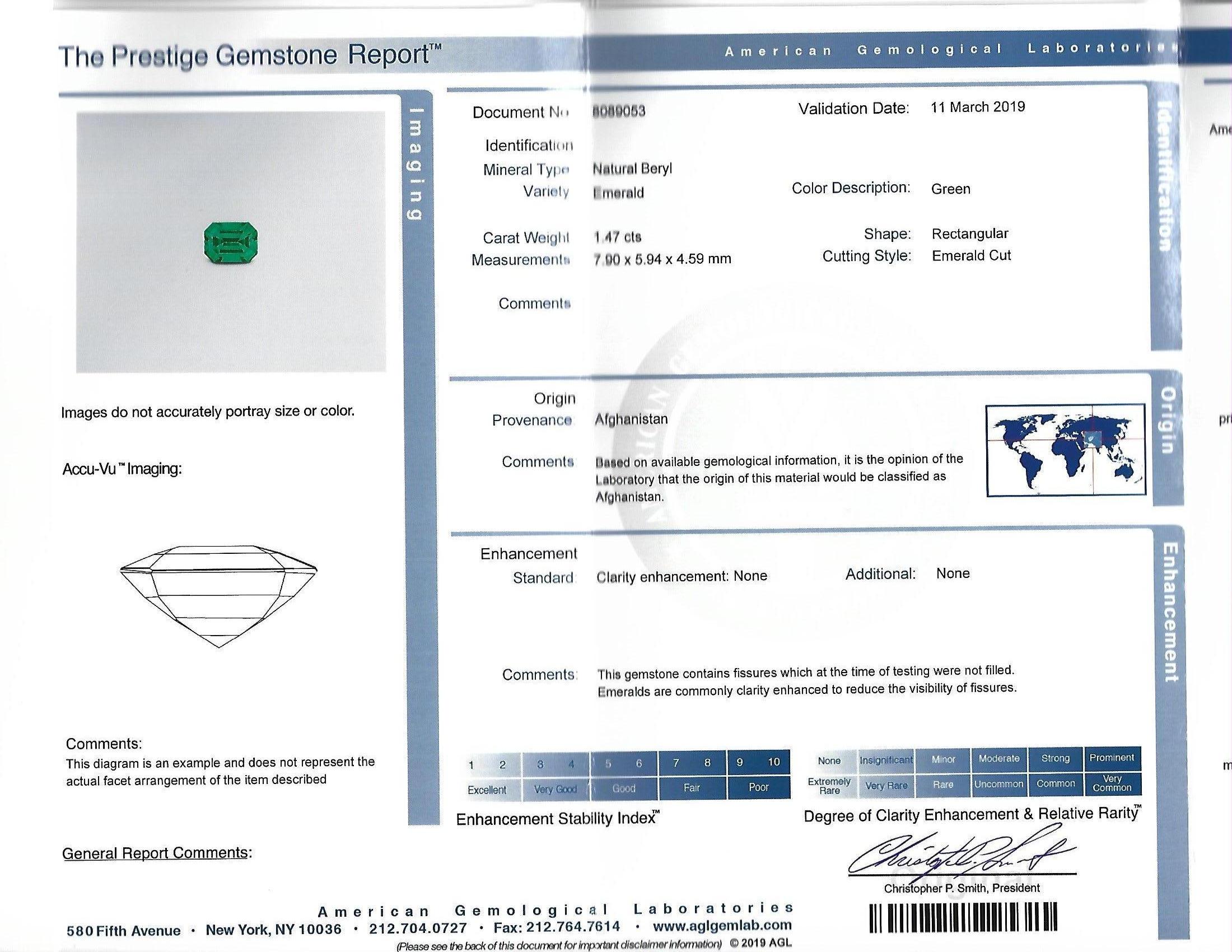 Contemporary Untreated Emerald Ring 1.47 Carat No Oil AGL Certified Panjshir Afghanistan For Sale