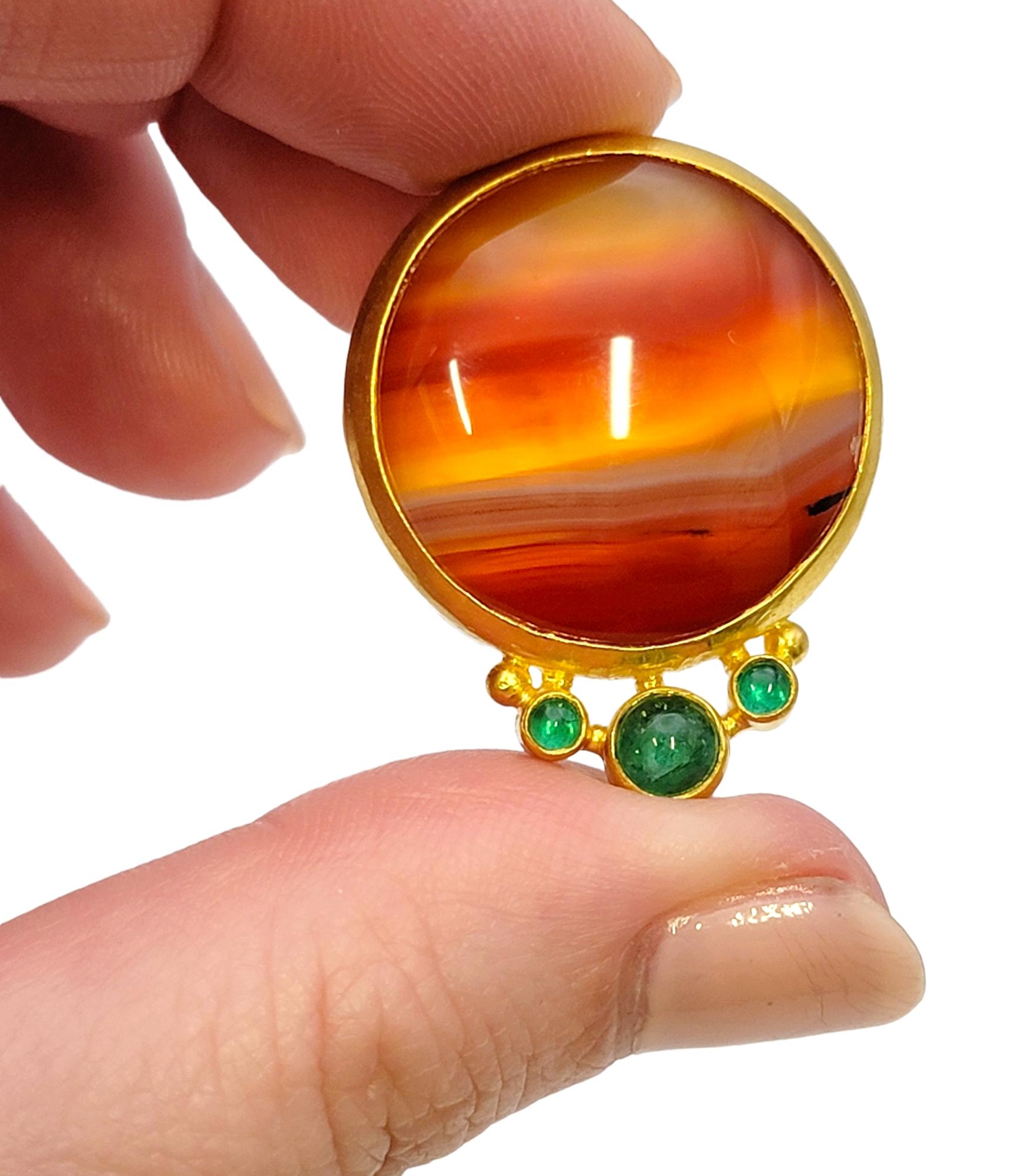 Natural Agate and Emerald Cabochon Disc Pierced Earrings in 22 Karat Yellow Gold For Sale 7