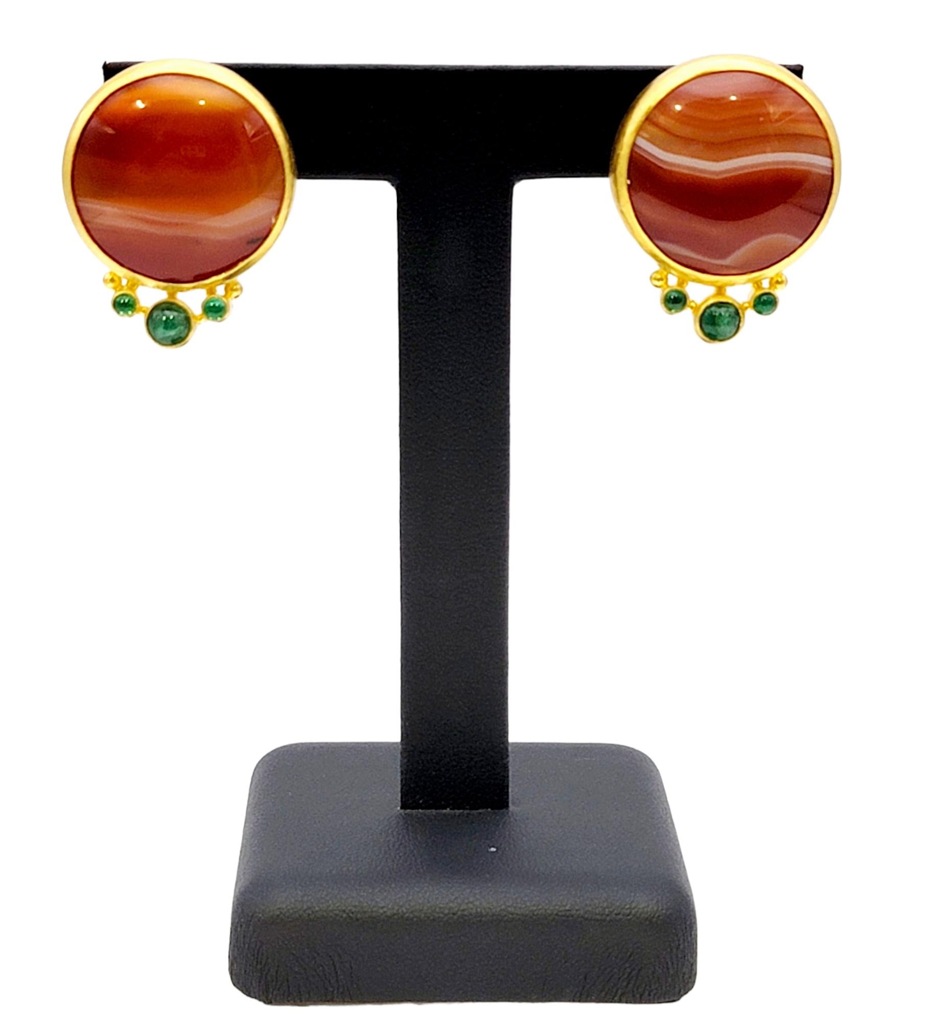 Natural Agate and Emerald Cabochon Disc Pierced Earrings in 22 Karat Yellow Gold For Sale 9