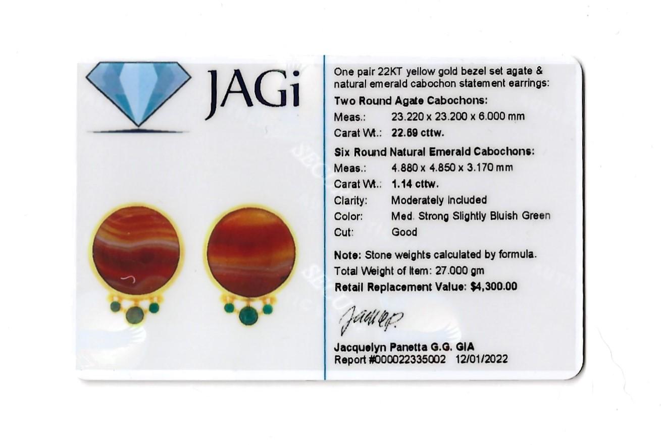 Natural Agate and Emerald Cabochon Disc Pierced Earrings in 22 Karat Yellow Gold For Sale 12