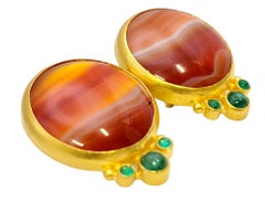 Natural Agate and Emerald Cabochon Disc Pierced Earrings in 22 Karat Yellow Gold