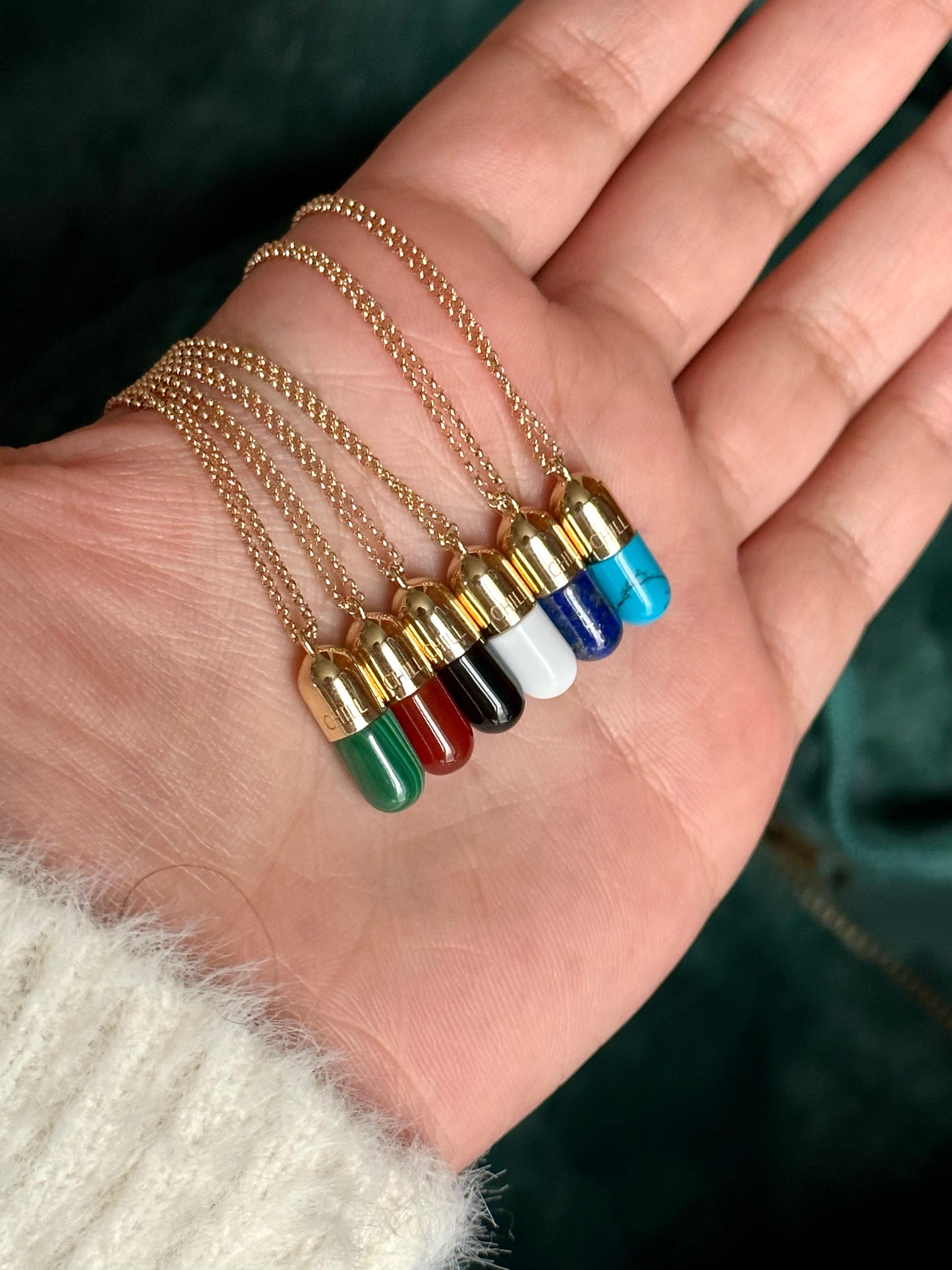 Natural Agate Chill Pill Necklaces, 14k Solid Gold Necklaces, Charm Necklace In New Condition For Sale In New York, NY