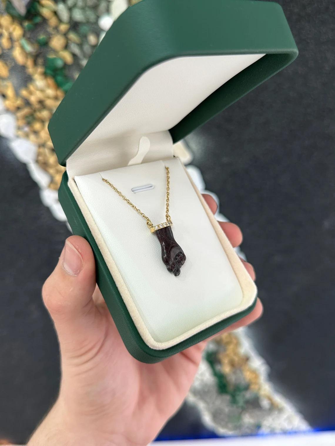 Uncut Natural Agate & Diamond Accent Fig Hand Pendant Necklace in 18K Yellow Gold 750 For Sale