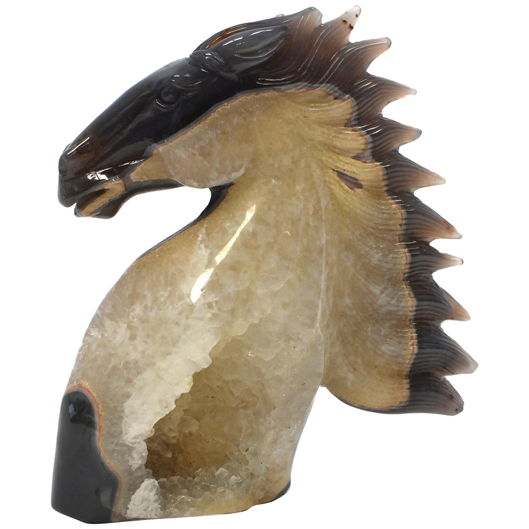 Natural Agate Gemstone Horse Bust with Gold Crystals