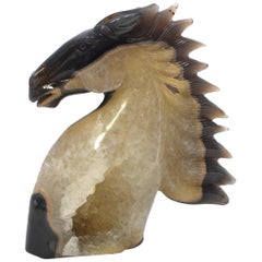 Natural Agate Gemstone Horse Bust with Gold Crystals