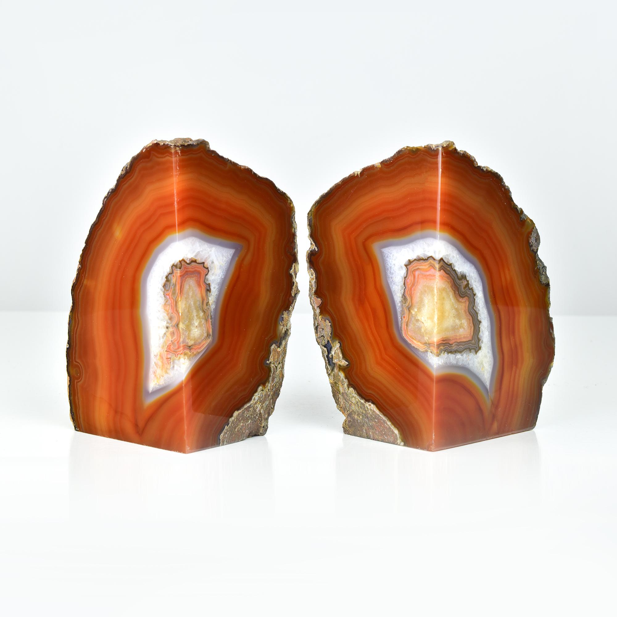 Mid-Century Modern Natural Agate Geode Quartz Bookends - Unique Semi-Precious Gemstone Decor