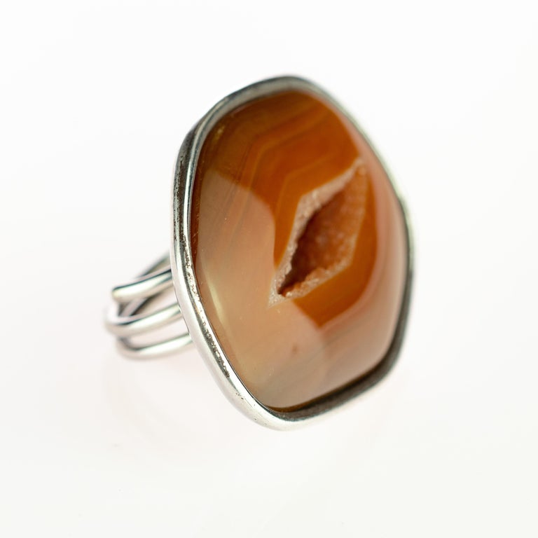 Uncut Natural Agate Raw Druzy Color Brown 925 Sterling Silver Handmade Cocktail Ring For Sale